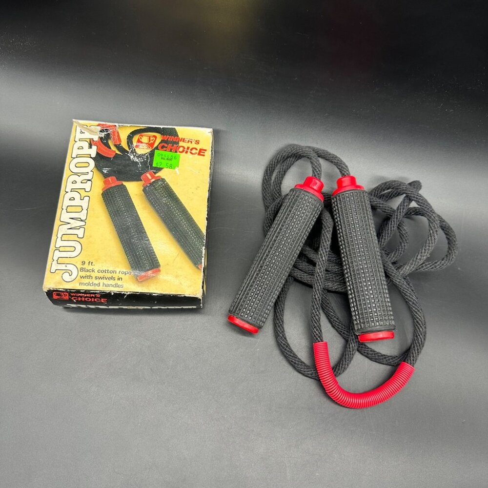 Vintage Jump Rope 9 Ft Winners Choice Black Red Cotton Rope Swivels 1980s Taiwan